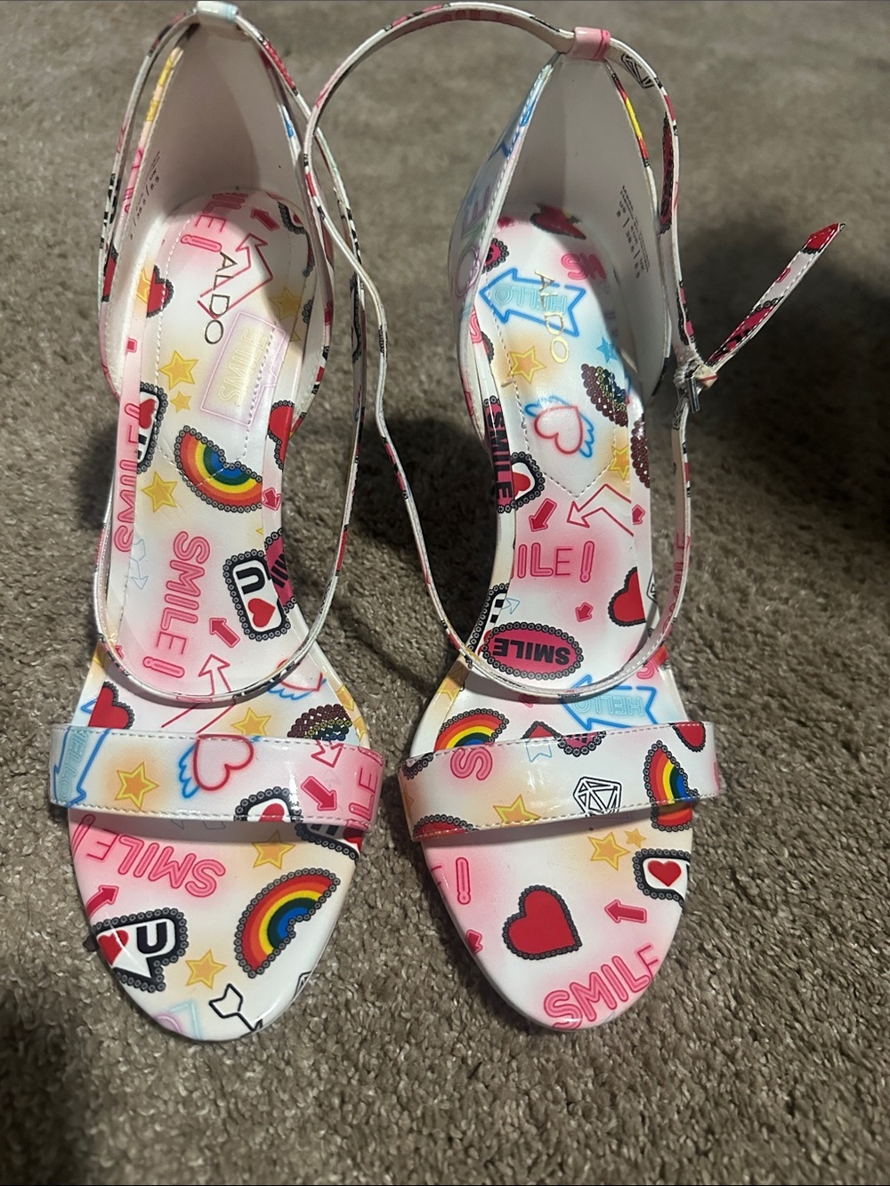 Aldo White Multi Graffiti-Print Ankle Strap Heels